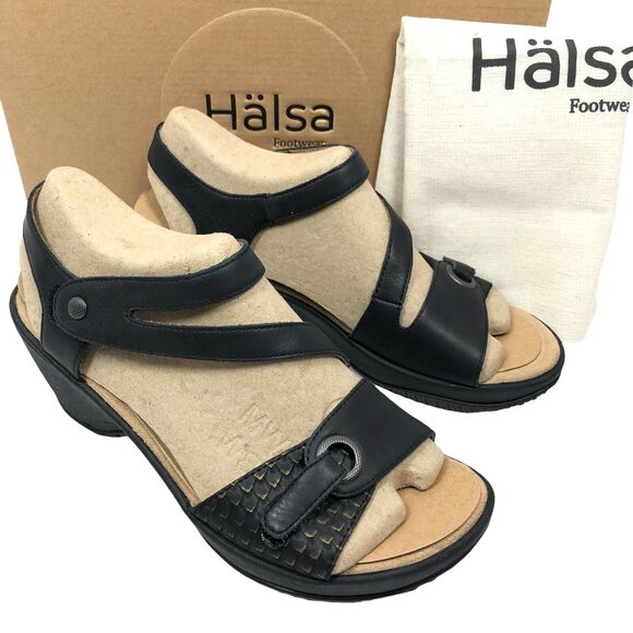 NEW OpBx Halsa Sandals 8.5 Clara Leather Mid Wedge Heels Shoes Ankle Strap Black - Picture 2 of 12